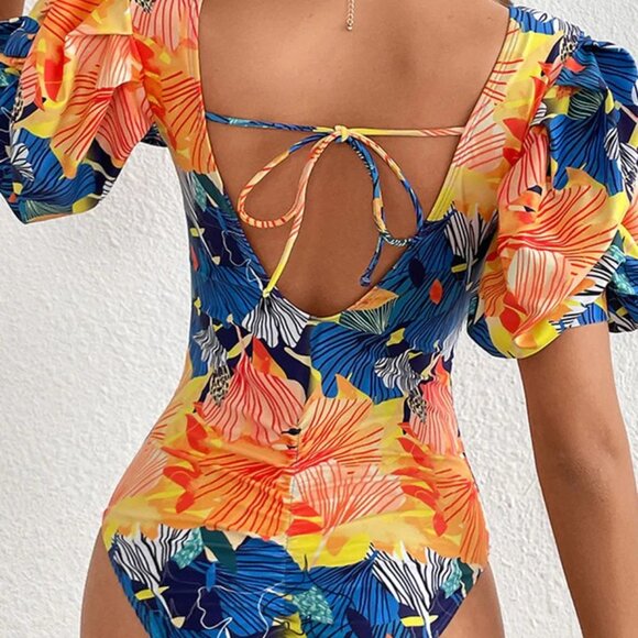 NWOT FLORAL PRINT SWEET PUFF SLEEVE OPEN BACK ONE PIECE SWIMWEAR - Picture 3 of 3